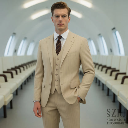 Men's 4-piece vertical striped pink suit - double button jacket+vest+pants+tie, suitable for wedding/business/daily wear