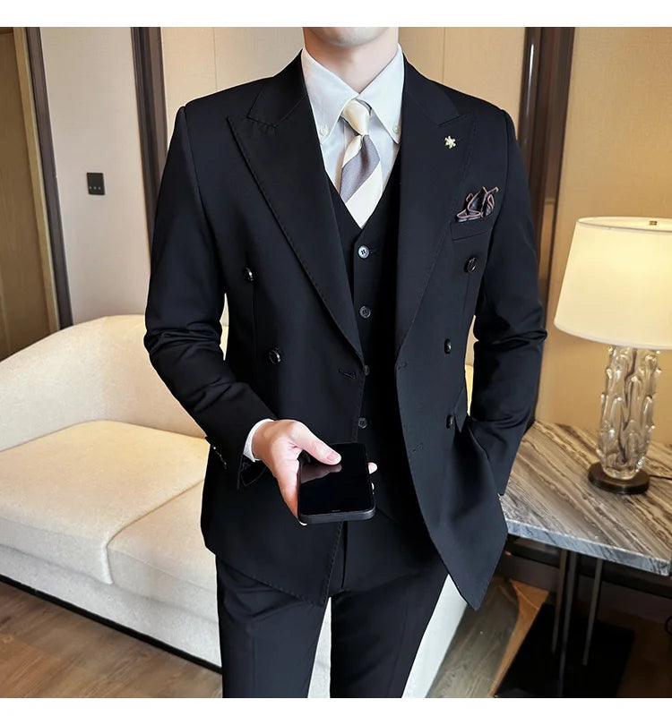 (Jackets+Pants) Luxury Double Breasted Design Slim Fit Suit High Quality Fashion Men's Wedding Social Suit Tuxedo 2 Piece Set