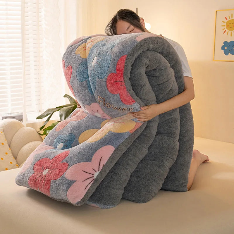Winter Thick Coral Fleece Quilt Blanket Weighted Milk Velvet Snowflake Flannel Duvet Keep Warm Comforter for Student Dorm