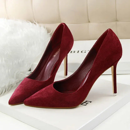 Women Elegant Flock Orange Purple Evening Banquet Party Pumps Lady Classic Scarpin New Burgundy 9cm High Heels Shoes Plus Size