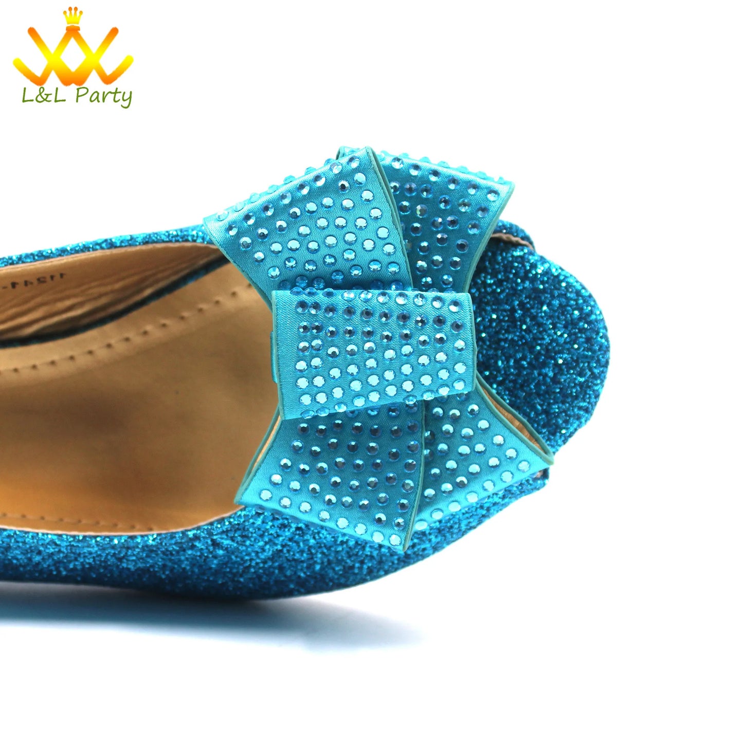 Italian Women Shoes Matching Bag Set in Sky Blue Color Comfortable Heels with Appliques for Wedding