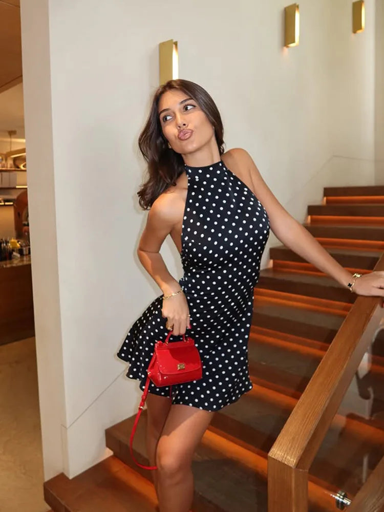 Dot Prints Halter Backless Sleeveless Elegant Party Outfits Women Dresses Summer Sheath Fashion Female Bodycon Trendy