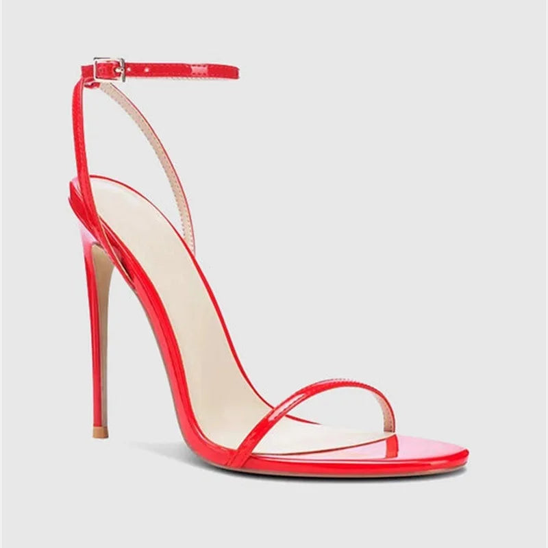 New Red High Heel Sandals with Women's Thin Heel, Metal Leather Strap, Black Sexy, Open toed Style, Foot Ring33-46