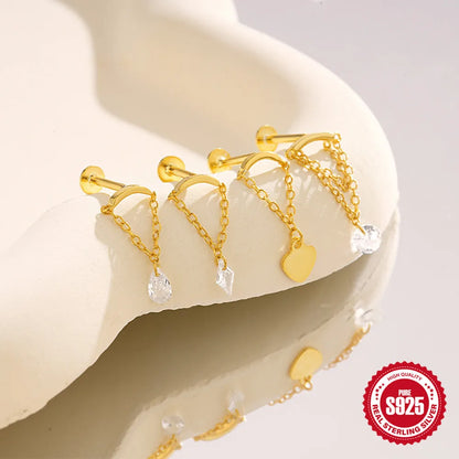 1PC Four Pointed Star Moon Tassel Lotus Cartilage Spiral Puncture 925 Sterling Silver Stud Earring For Women Ins Earring
