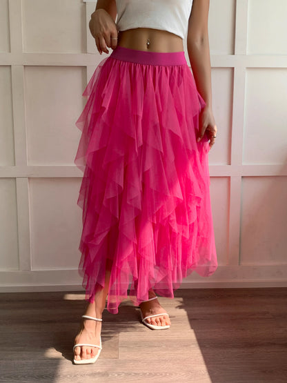 Medium waist chiffon long skirt for women, irregular layered pleated edge layered cake skirt, elegant fairy A-line skirt