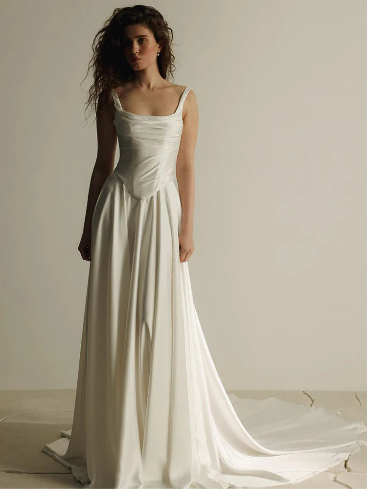 A-Line Simple Spaghetti Strap Wedding Dresses Sleeveless Satin Long Pleat Elegant Brides Gown Custom Made 2026