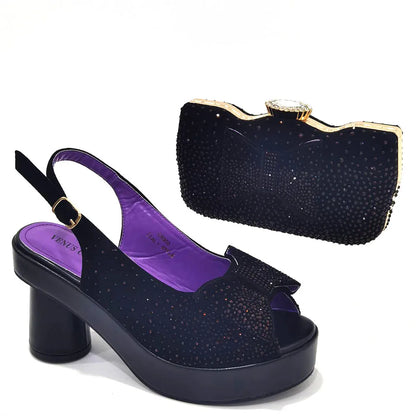 Silver Fashion Square Heels with Platform African Women Shoes and Bag Set Full Crystal Pumps for Wedding Party