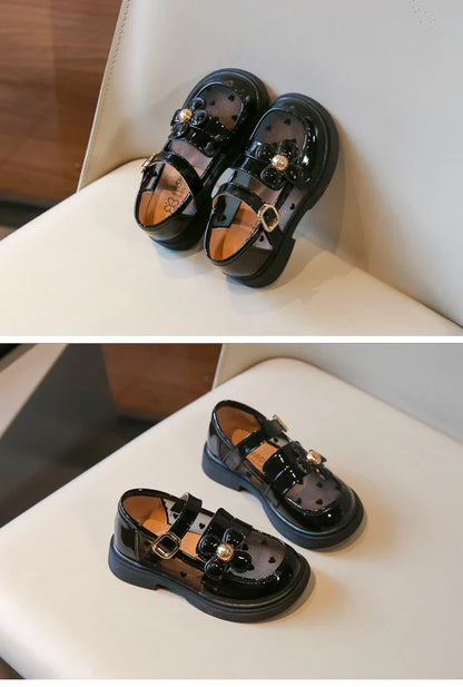 Toddler Girls Elegant Glossy Mesh Mary Jane Flats Flower Buckle Strap Heart Pattern Chunky Sole Comfortable Party School Shoes