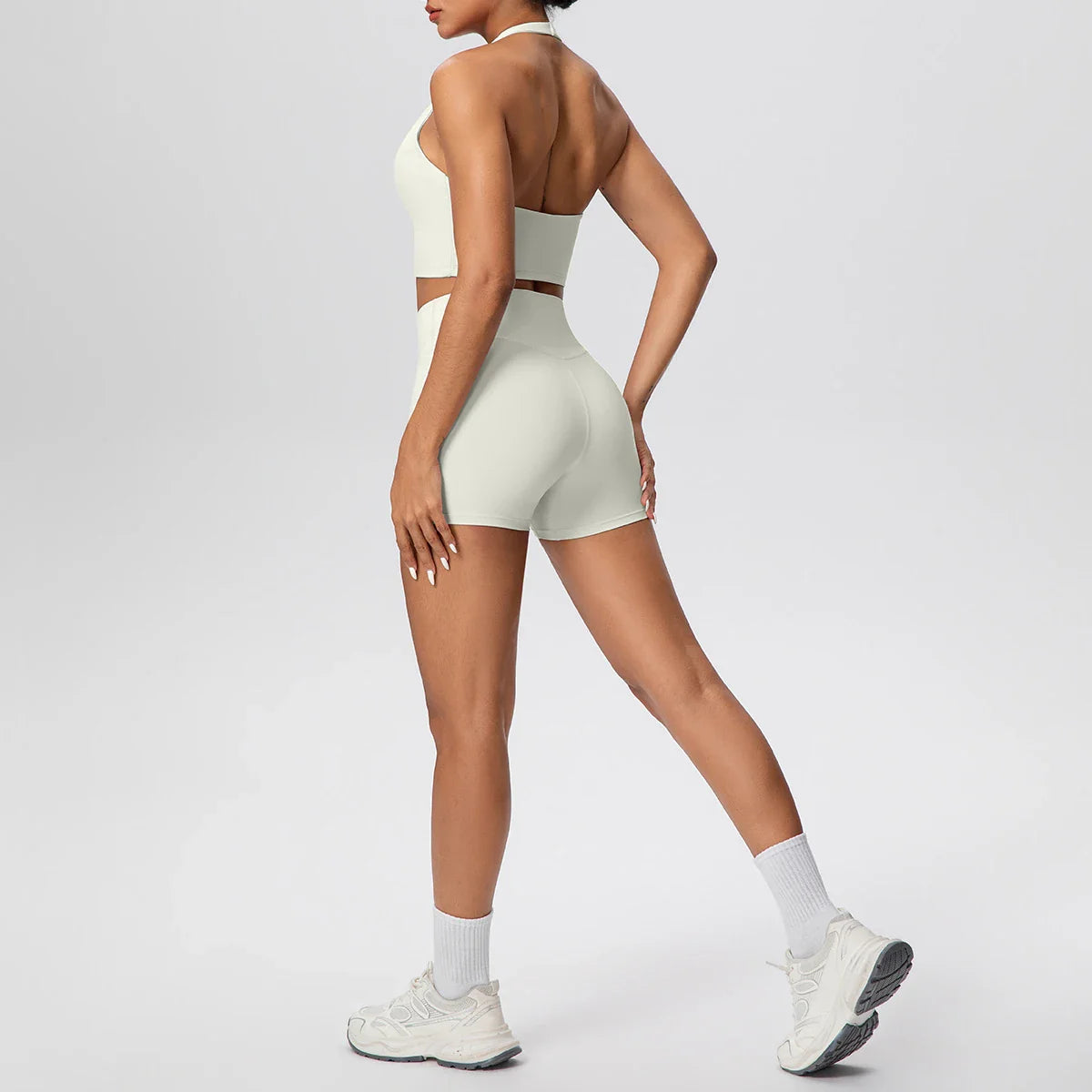 2picese Women Yoga Suit Solid Color High Waist Hip Push Up Fitness Shorts Sexy Pilates Backless Gym Hanging Neck Bra Yoga Set