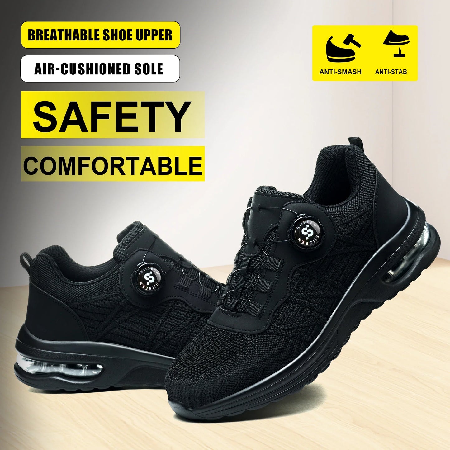 Men's Safety Shoes Steel Toe Anti- Crush Puncture Resistant Kevlar Pure Black Button Air Cushion Lightweight Work Shoes