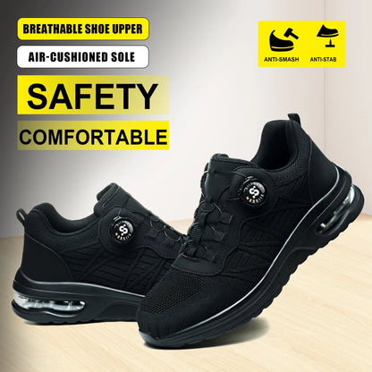 Men's Safety Shoes Steel Toe Anti- Crush Puncture Resistant Kevlar Pure Black Button Air Cushion Lightweight Work Shoes