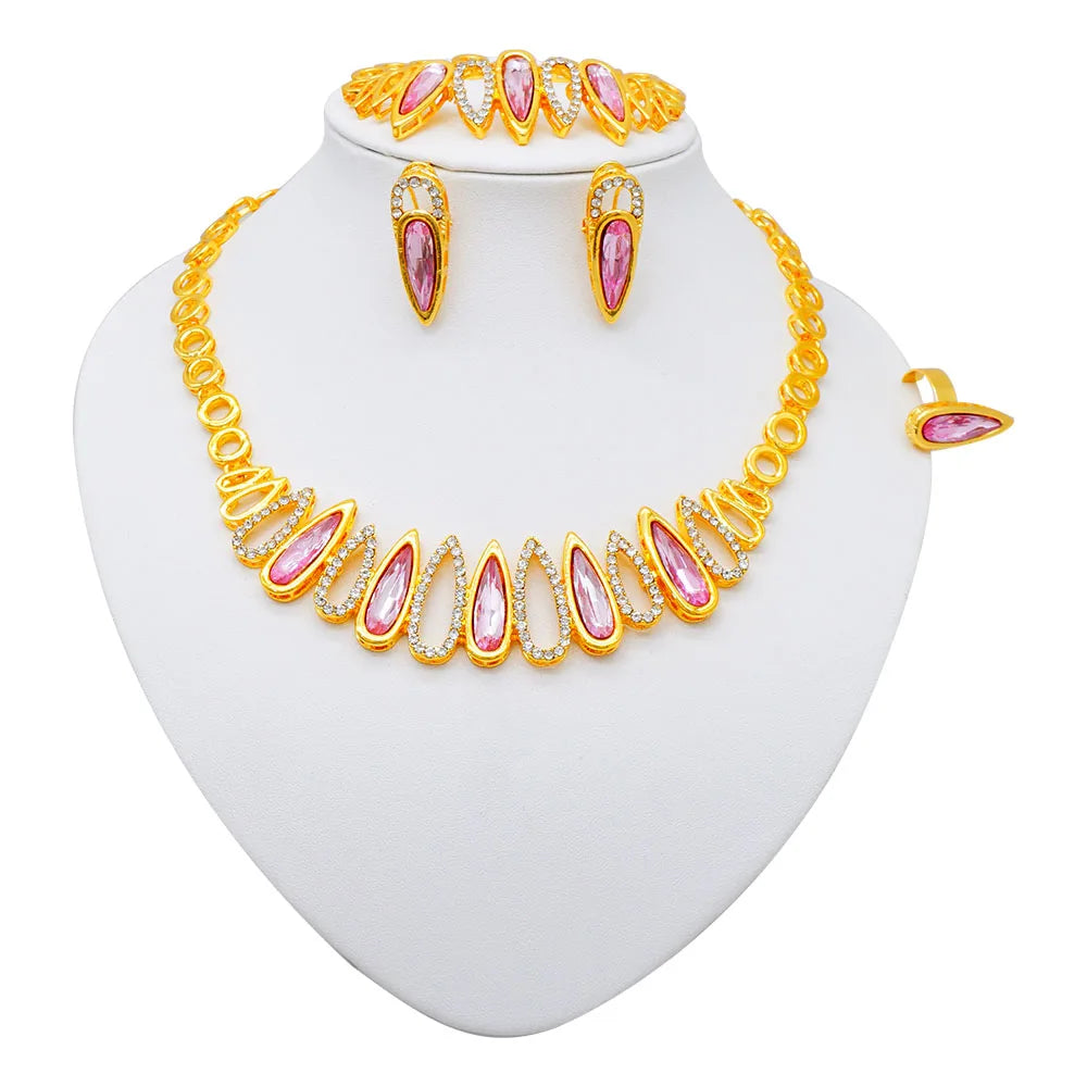 Women Gold Color Jewelry Sets Blue Pendant Necklace Earrings Bracelet Ring Sets Party Gifts