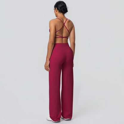 Women Gym Sports Yoga Suit Sexy Beautiful Back Yoga Underwear With Chest Pad Solid Color High Waisted Wide Leg Pants Yoga Set