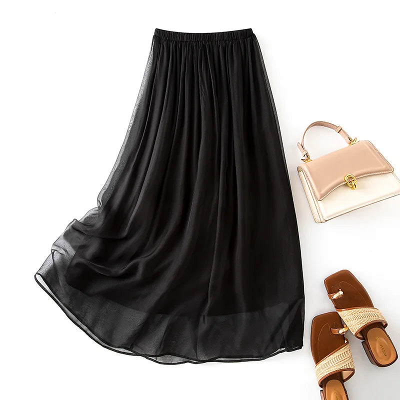 Women 100%Real Silk Elegant Skirts, Elastic Waist Solid, French Temperament Fairy Commute Skirt, 2025 Summer B56433CC