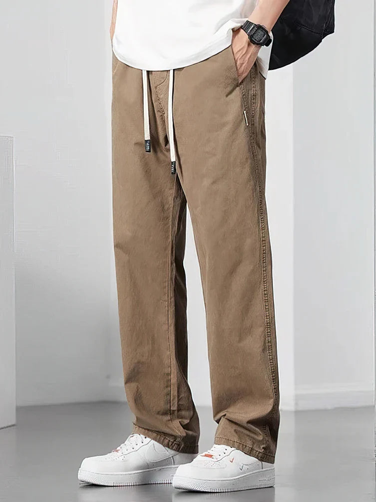 Straight Casual Cargo Pants Men Wide Leg Brown Long Cargo Business Work Trousers Drawstring Baggy Sweatpants Male