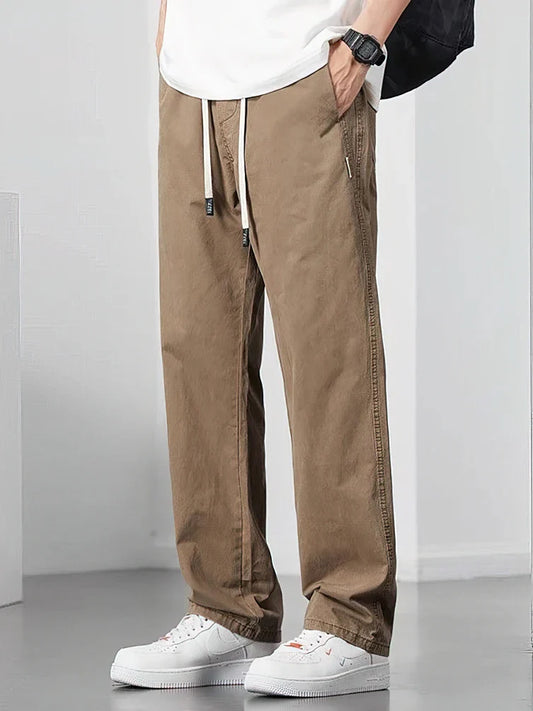 Straight Casual Cargo Pants Men Wide Leg Brown Long Cargo Business Work Trousers Drawstring Baggy Sweatpants Male