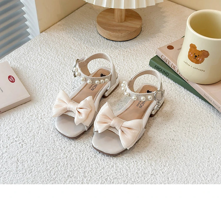 Girls Sandals Sweet Elegant Kids Dress Shoes Dance Wedding Non-slip 2025 Summer New Girls Princess Sandals Big Bows Ins Trendy
