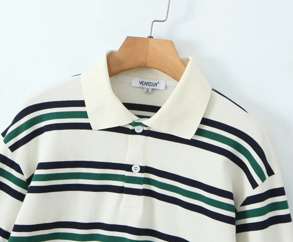 2025 Summer Ladies Polo Shirts Woman Long Sleeve Crop Top Striped Vintage Clothes Polo Shirts Mujer Streetwear Casual Tops Brown