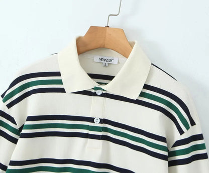 2025 Summer Ladies Polo Shirts Woman Long Sleeve Crop Top Striped Vintage Clothes Polo Shirts Mujer Streetwear Casual Tops Brown