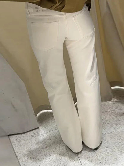 Women Loose White Lace Up Pockets Low Waist Straight Long Pants
