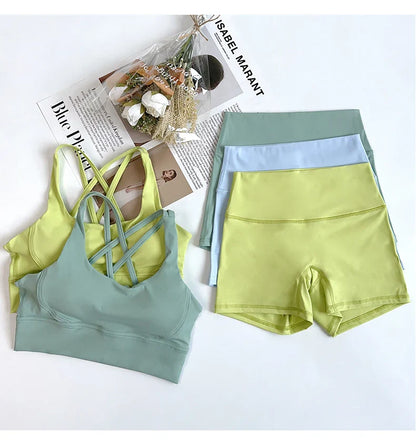 2Pcs Yoga Sets Naked Feel Gym Set Women Workout Clothes High Waist Yoga Shorts And Strappy Sports Bra Short Sets Summer