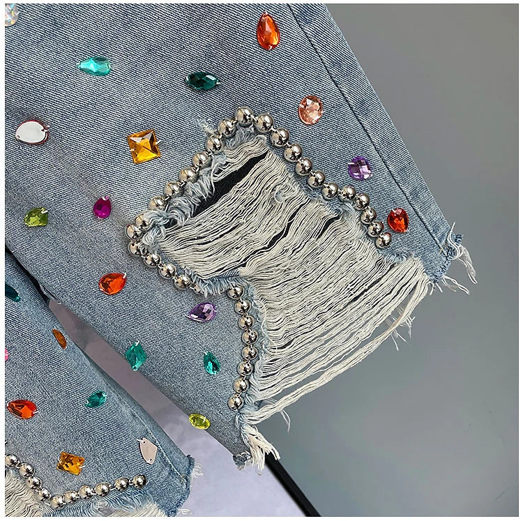 Colorful Diamond Studded Nail Bead Ripped Jeans Blue High Waisted Loose Shorts Shiny Fashionable Versatile Casual Trousers