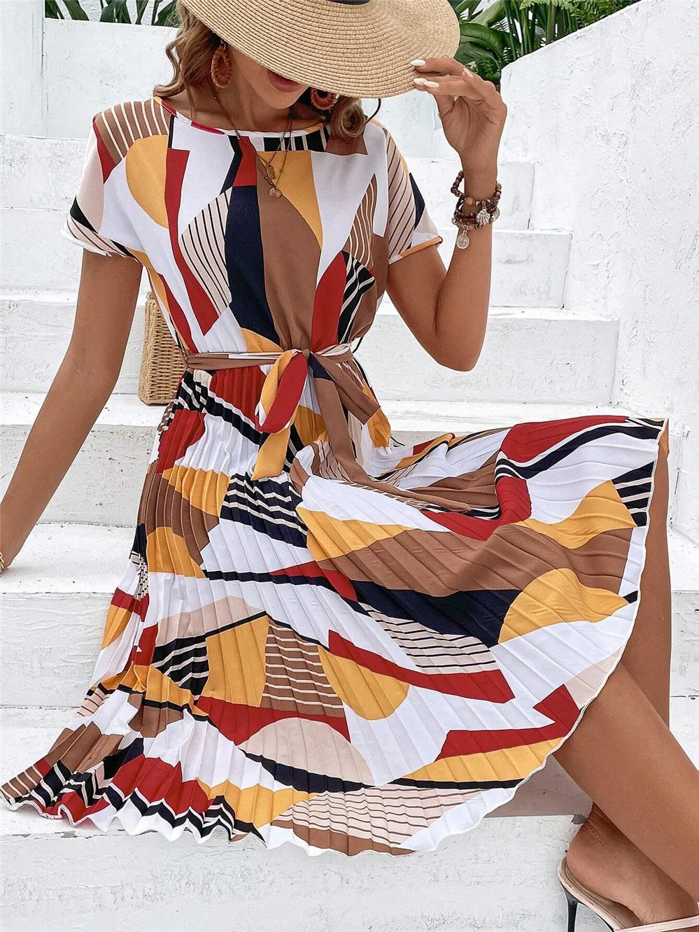 Elegant Print Lace-up Dress Summer Women Round Neck Pleated Medium Long Dress