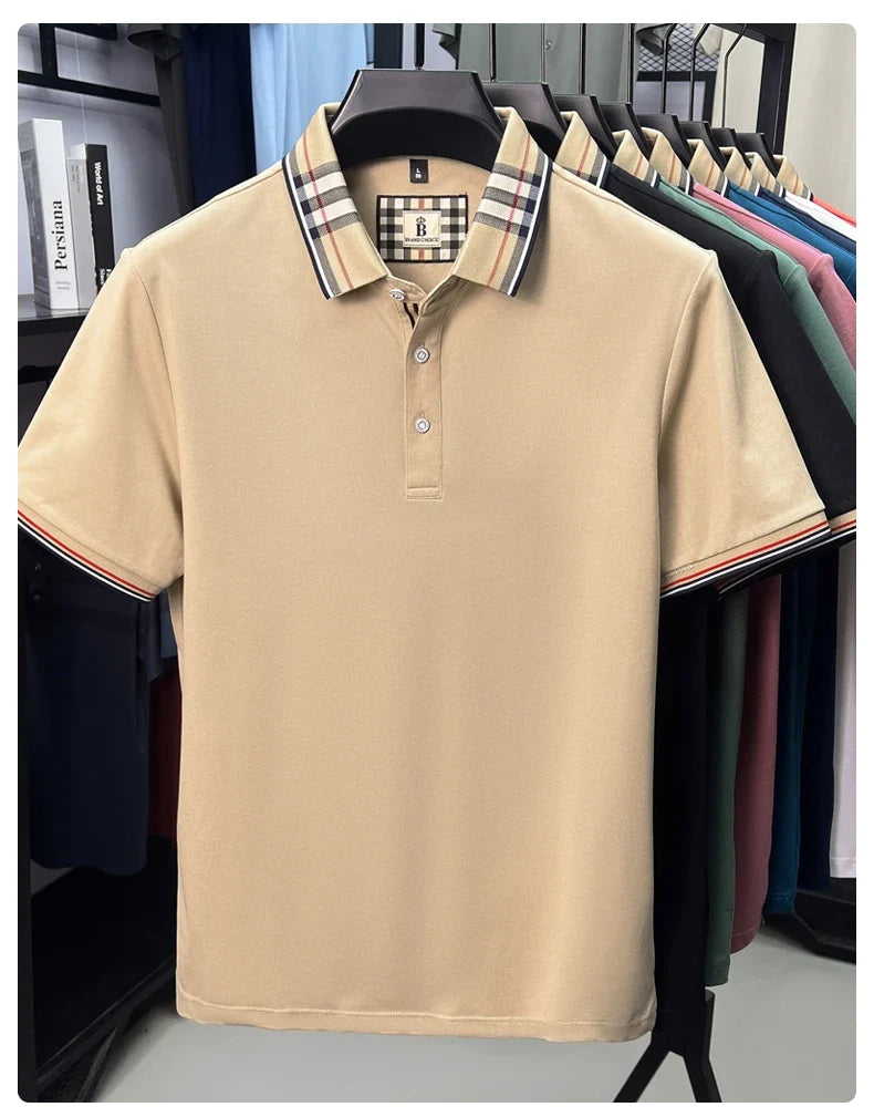 Fashion brand luxury short sleeve polo shirt men summer quality silky cotton breathable business casual striped collar T-shirt