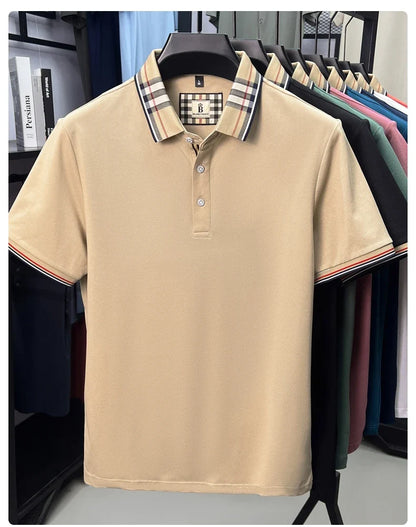 Fashion brand luxury short sleeve polo shirt men summer quality silky cotton breathable business casual striped collar T-shirt