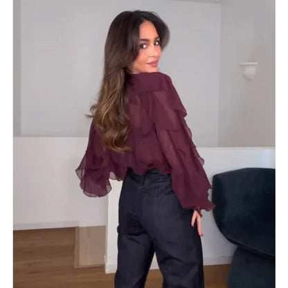 Ruffle Womens Blouses Semi Sheer Casual Blouses Woman Spring Fairy Shirts and Blouses for Lady Long Sleeve Tops Woman 2025