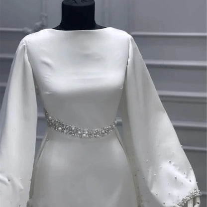 Customized Elegant Muslim Wedding Dress Bride Beaded Pearls Ivory Bridal Gowns High Neck Robe Simple High Quality Prom Dresses