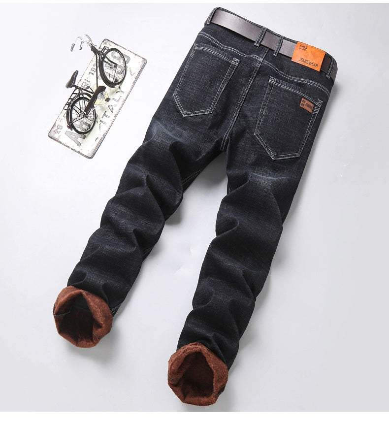 2023 Winter Men Black Blue Straight Stretch Denim Thick Velvet Pants Warm Jeans Casual Fleece Line Trousers Male Plus Size