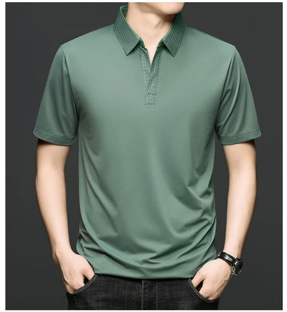 Fashion V-neck short sleeve T-shirt men's summer solid color silky smooth breathable personalized jacquard buttonless polo shirt