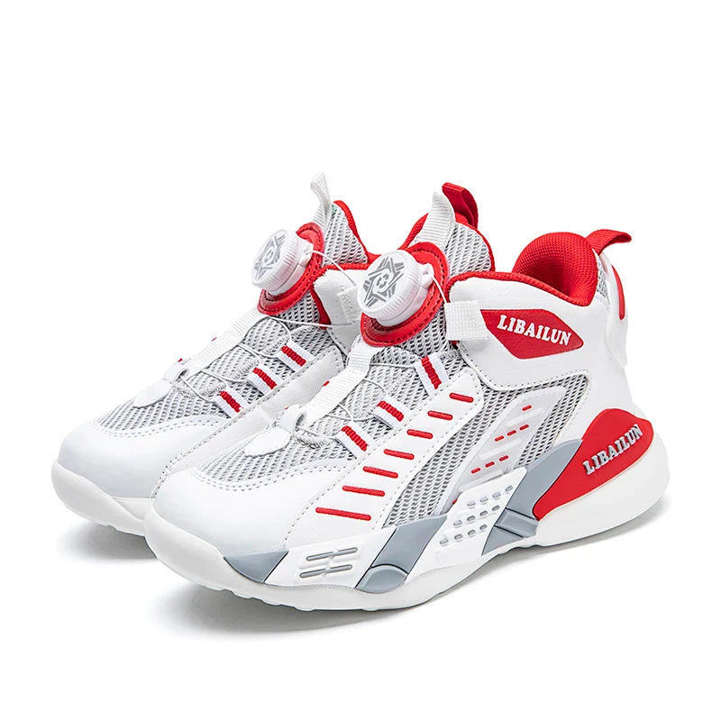 Kids Sneakers Basketball Shoes Boys Spring Fashion Rotating Button Anti-slip Shock Absorption School Students Sports Shoes