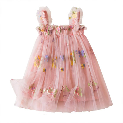 Outdoor Summer Cute Princess Dress Toddler Baby Girls Embroidery Flower Suspender Mesh Dresses Birthday Party Princess Dresses