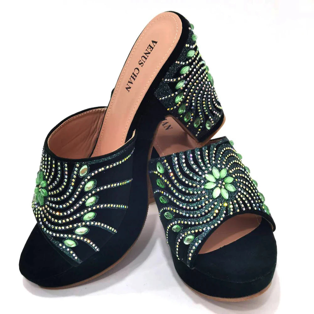 Women's Shoes High Heels Sexy Ladies Party Wedding Pattern Embroidery Mules Shoes and Bags Set for Italian