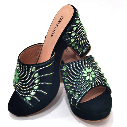 Women's Shoes High Heels Sexy Ladies Party Wedding Pattern Embroidery Mules Shoes and Bags Set for Italian