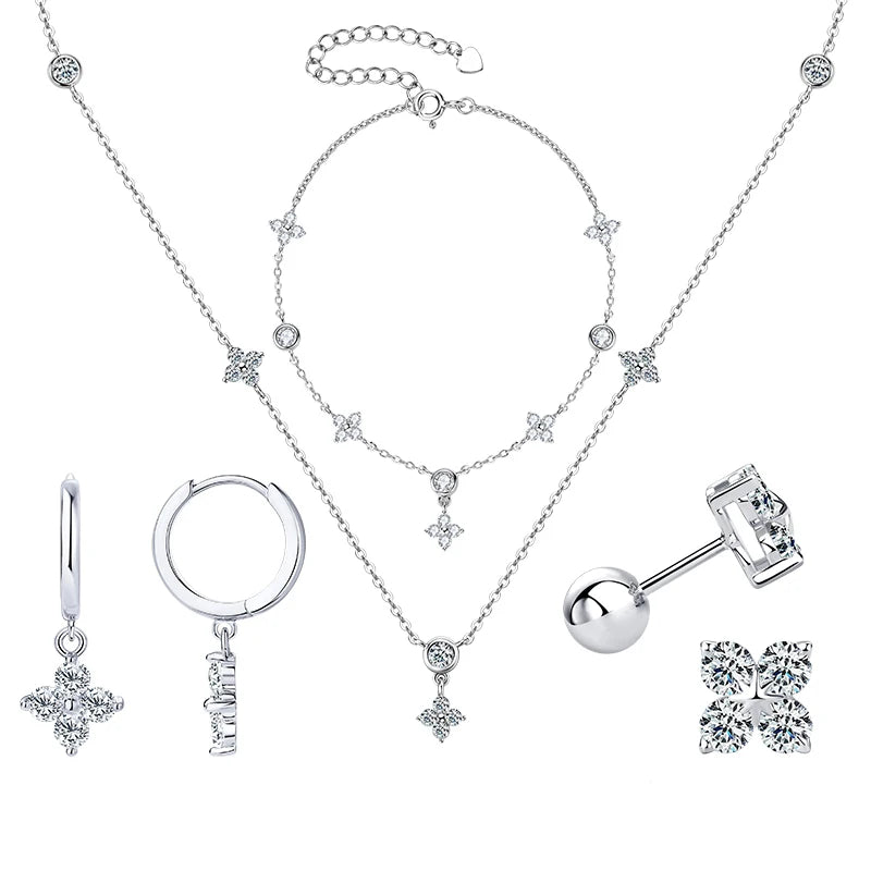 Moissanite Necklace Bracelet Earring 925 Sterling Silver Four Leaf Flower Pendant Moissanites Jewelry Set For Wedding Gift