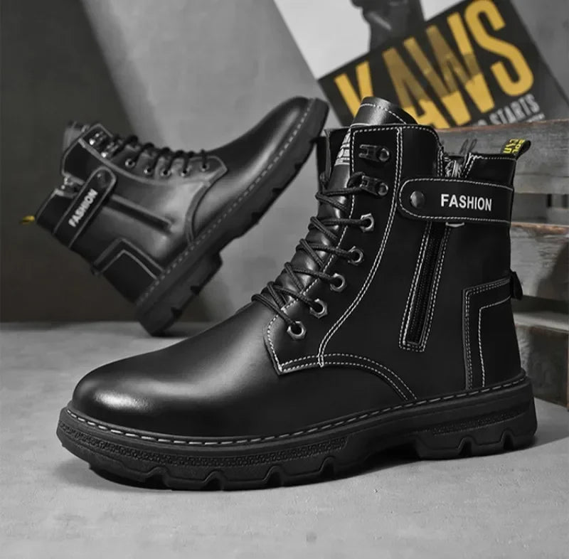 High Top Men's Shoes for Spring and Autumn, New Anti Slip and Waterproof Desert Boots Outdoor Zipper Hiking Shoes Work Boots