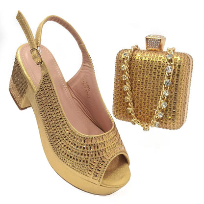 Wedding Shoes for Women Bride Platform Heels Italian Full Drill Design Elegant Shoes and Bags Matching Set