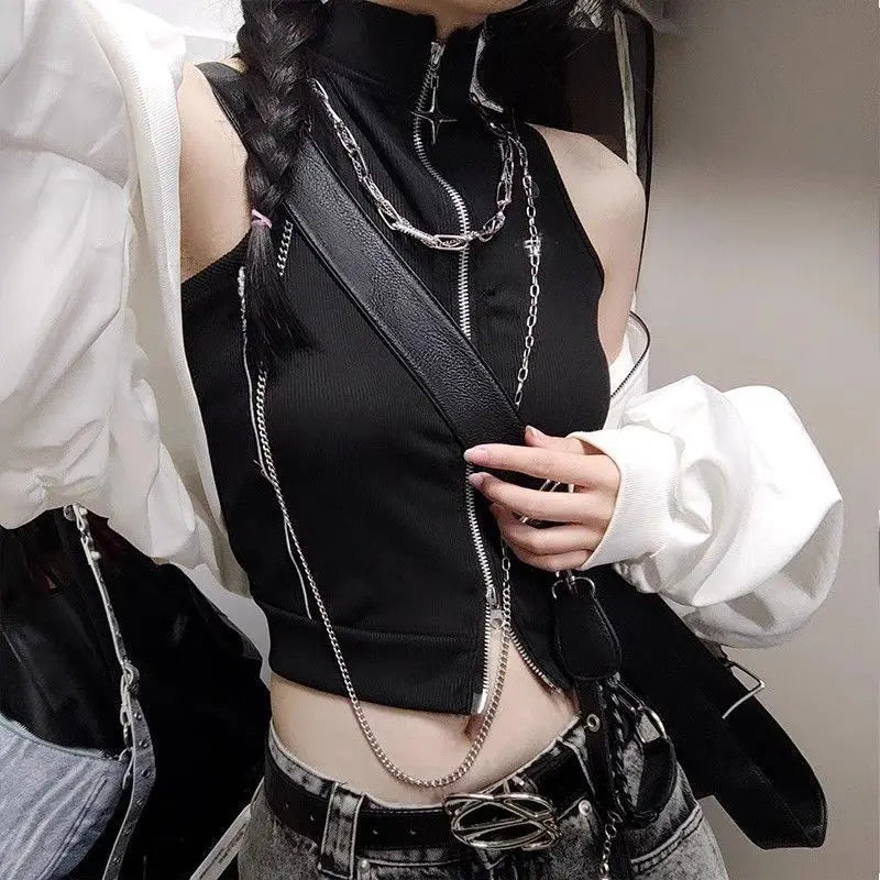 Gothic Style Stitching High Street Style Hot Girl Spaghetti Straps Sleeveless Cardigan Vest Slimming Slim Fit Top for Women INS