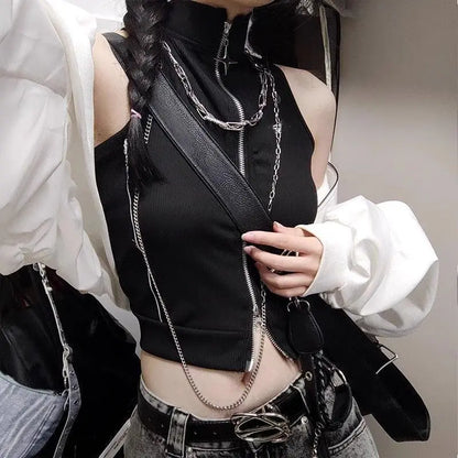 Gothic Style Stitching High Street Style Hot Girl Spaghetti Straps Sleeveless Cardigan Vest Slimming Slim Fit Top for Women INS