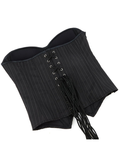 Black Striped Zipper Overbust Corset and Bustier Shapewear Top for Women Office Lady Corselet