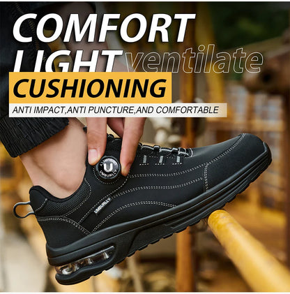 Men's Safety Work Boots Steel Toe Puncture Resistant Kevlar Midsole Air Cushion Black Button Style Industrial Construction Shoes