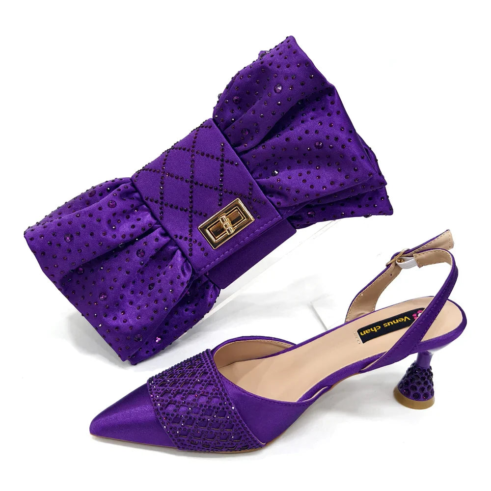 Elegant Nigerian Women’s Wine Colour Heeled Shoes and Rhinestone Handbag Set – Italian Design for Parties and Weddings