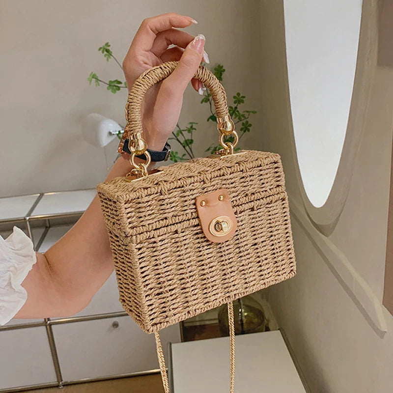 Summer Box Small Purse and Handbags For Women Rattan Straw Woven Crossbody Shoulder Bags Female Fashion Chain Travel Beach Bags