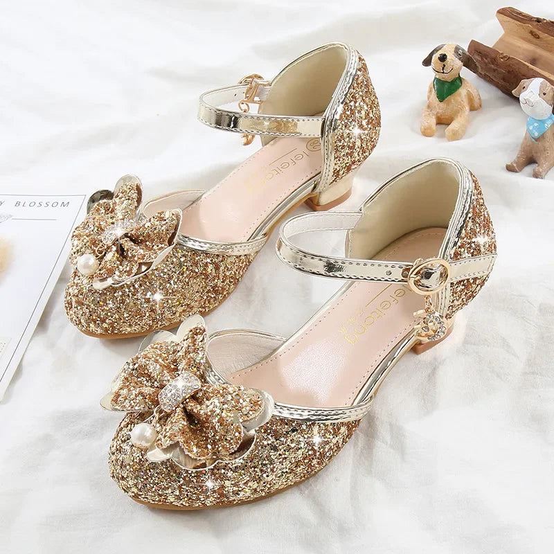 Children's Sandals for Party Wedding Elegant Bowknot Kids Girls Versatile Sequins High-heels Fashion Pearl Princess Single Shoes