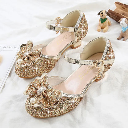 Children's Sandals for Party Wedding Elegant Bowknot Kids Girls Versatile Sequins High-heels Fashion Pearl Princess Single Shoes