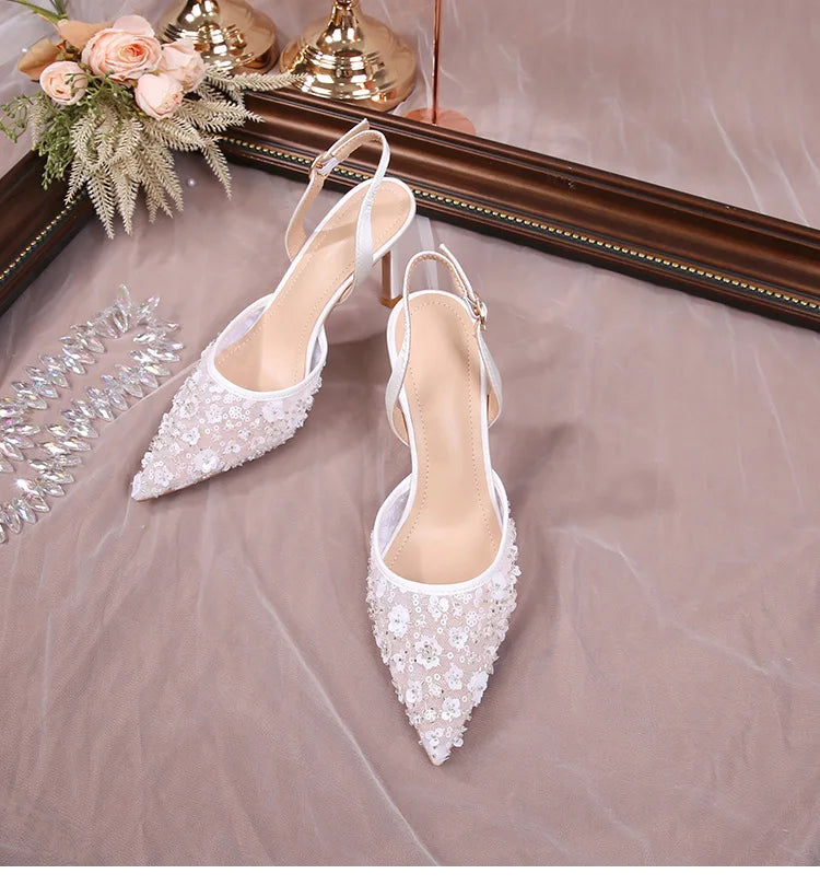 Size 34-42 2025 Summer Beaded High Heel Wedding Shoes Women Lace Mesh Party Dress Shoes