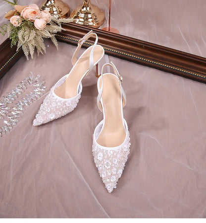 Size 34-42 2025 Summer Beaded High Heel Wedding Shoes Women Lace Mesh Party Dress Shoes